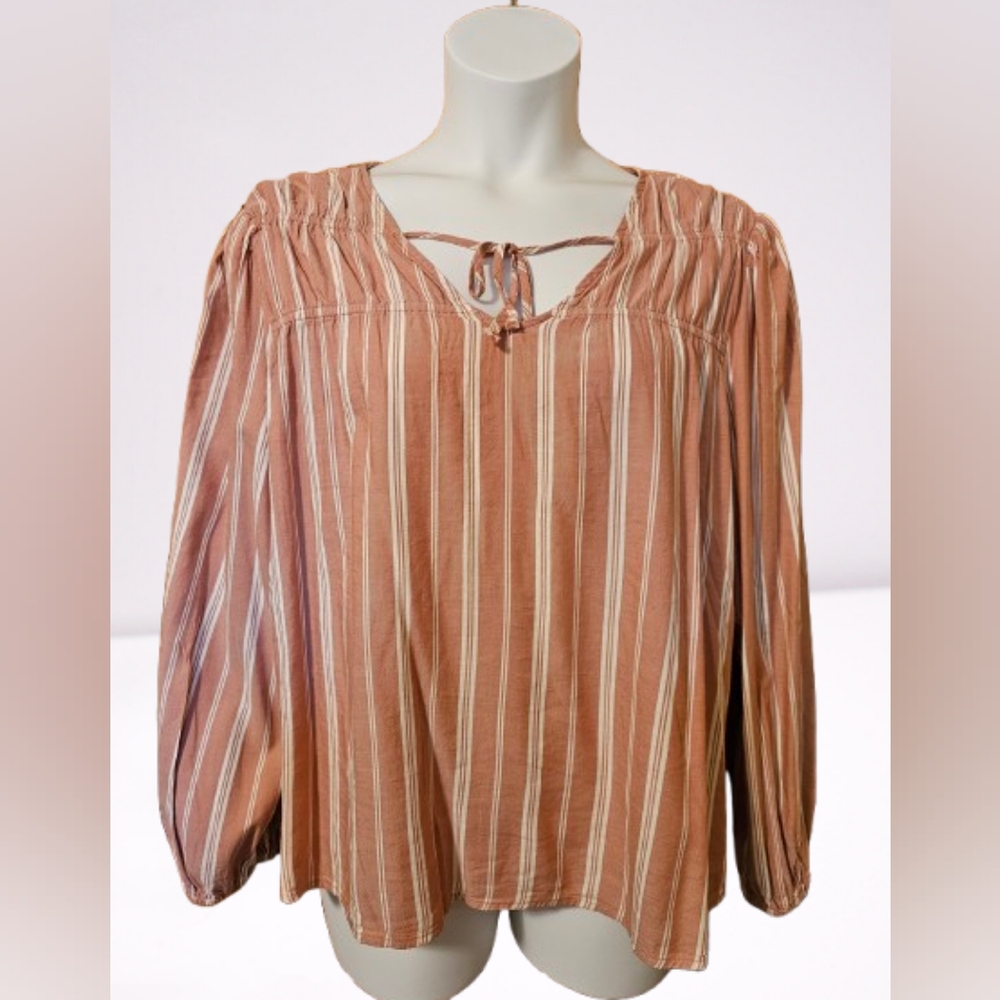 Falls Creek Rose and Cream Blouse with Tie Front and Long Sleeves